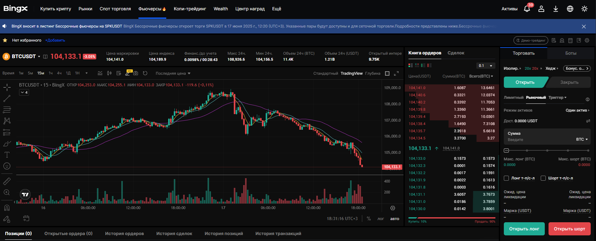 Интерфейс BingX