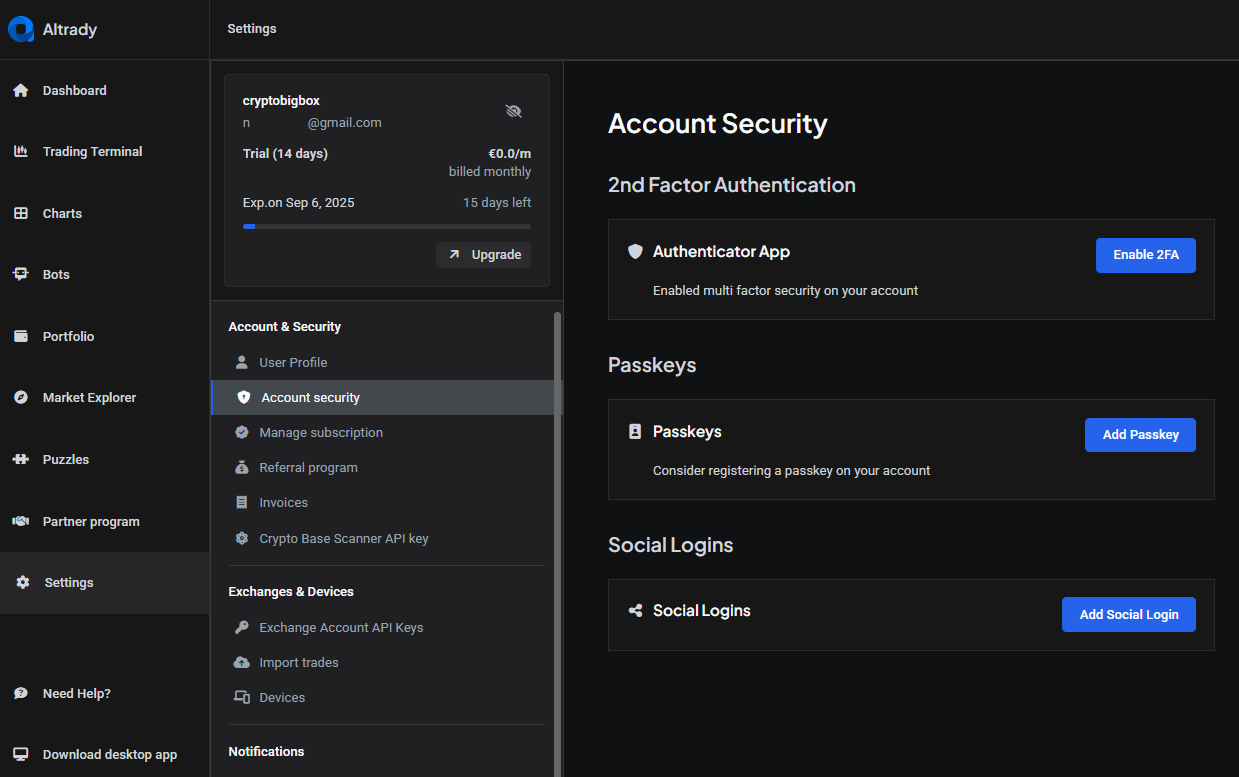 Two-factor authentication altrady