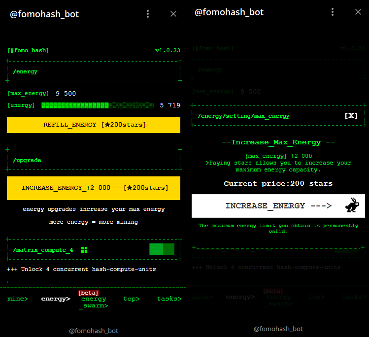 раздел Energy в FomoHash