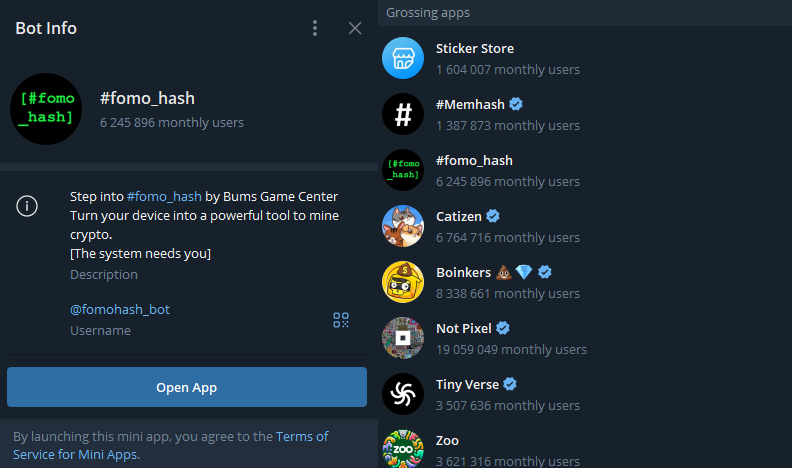FomoHash - страница игры в телеграм