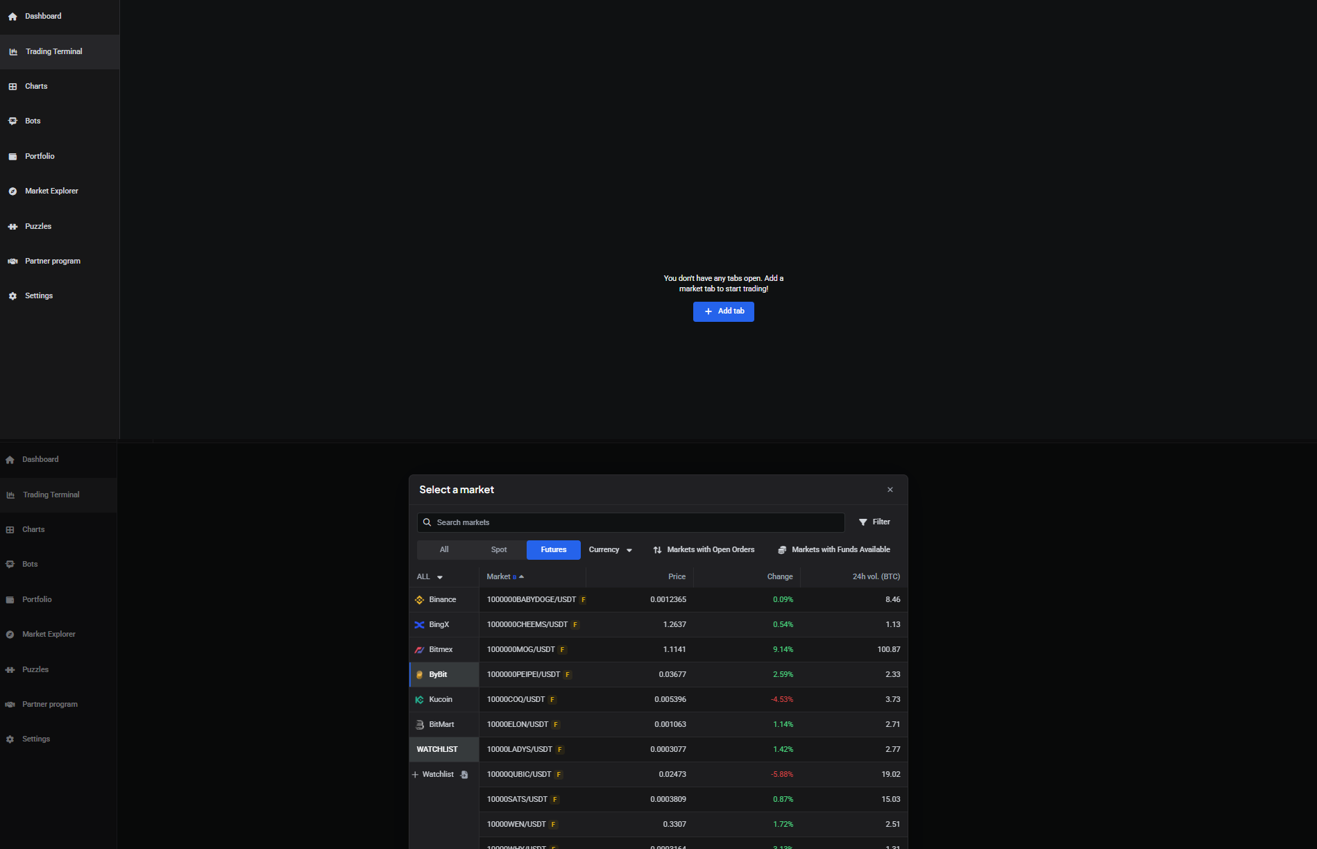 Cryptocurrency selection at Altrady