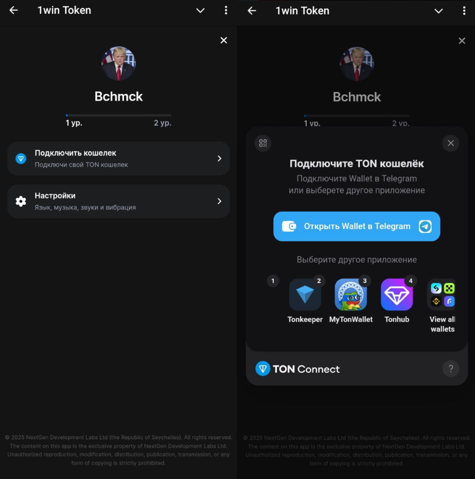 Подключение кошелька к 1win token