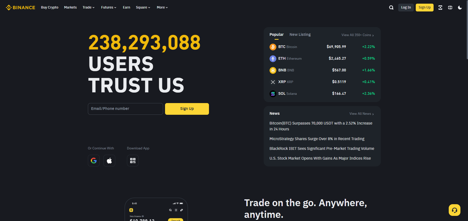 Binance exchange main page