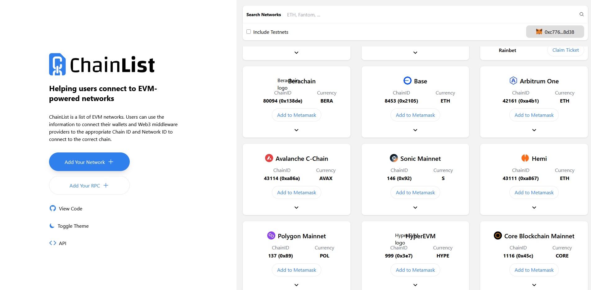Настройка в метамаск через chainlist