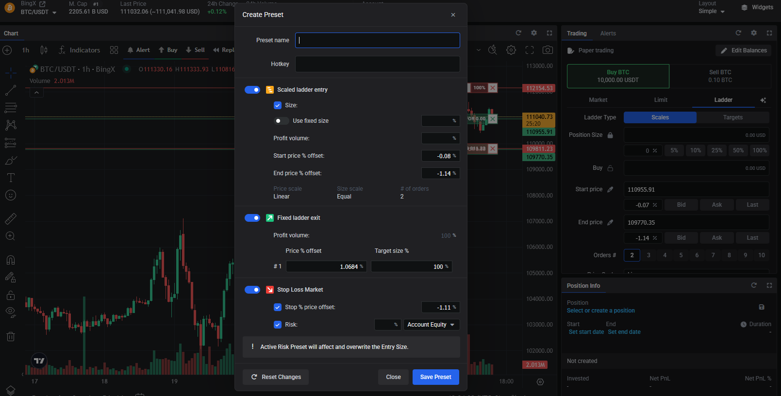 Trading Presets в Altrady