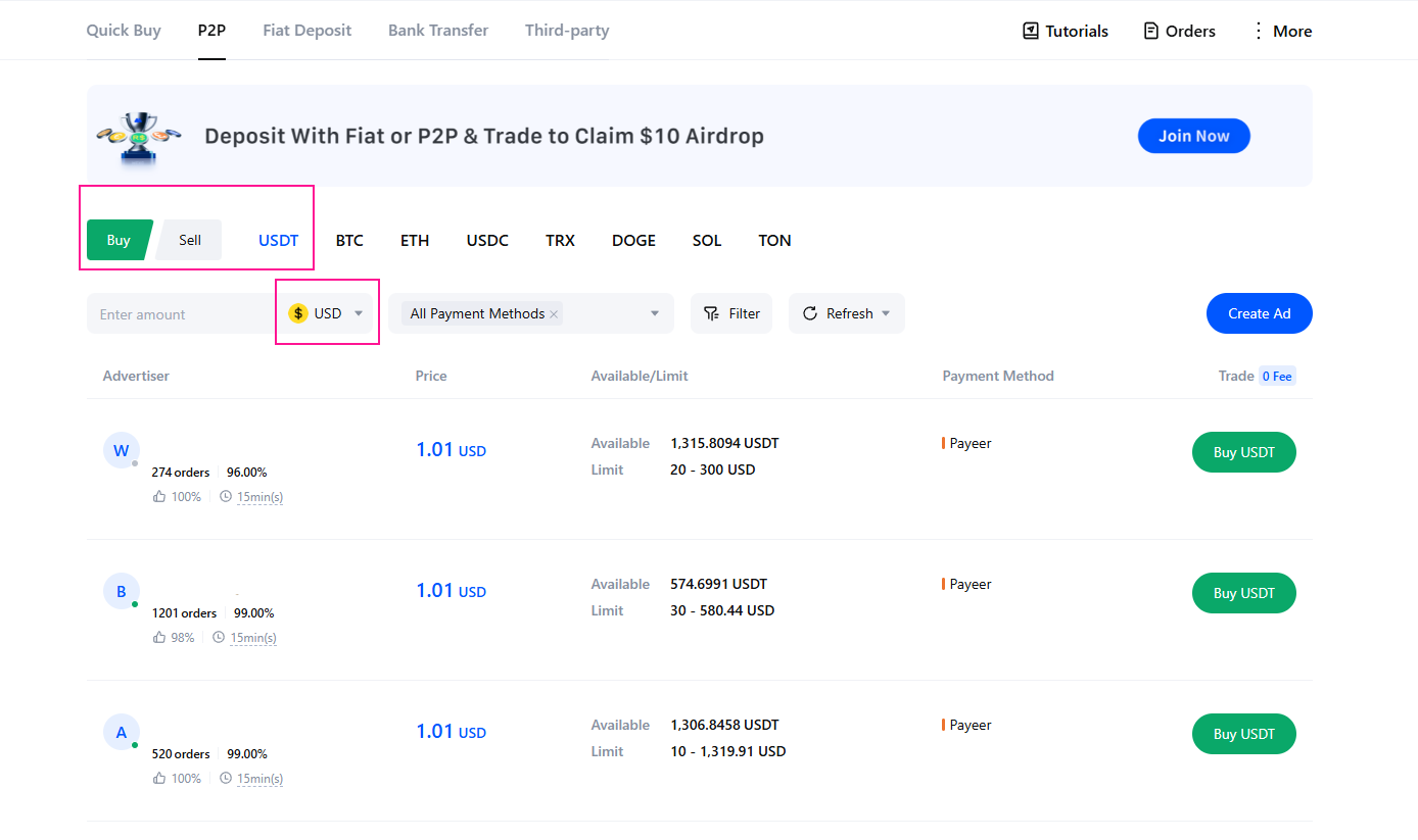 Setting up P2P purchasing on MEXC