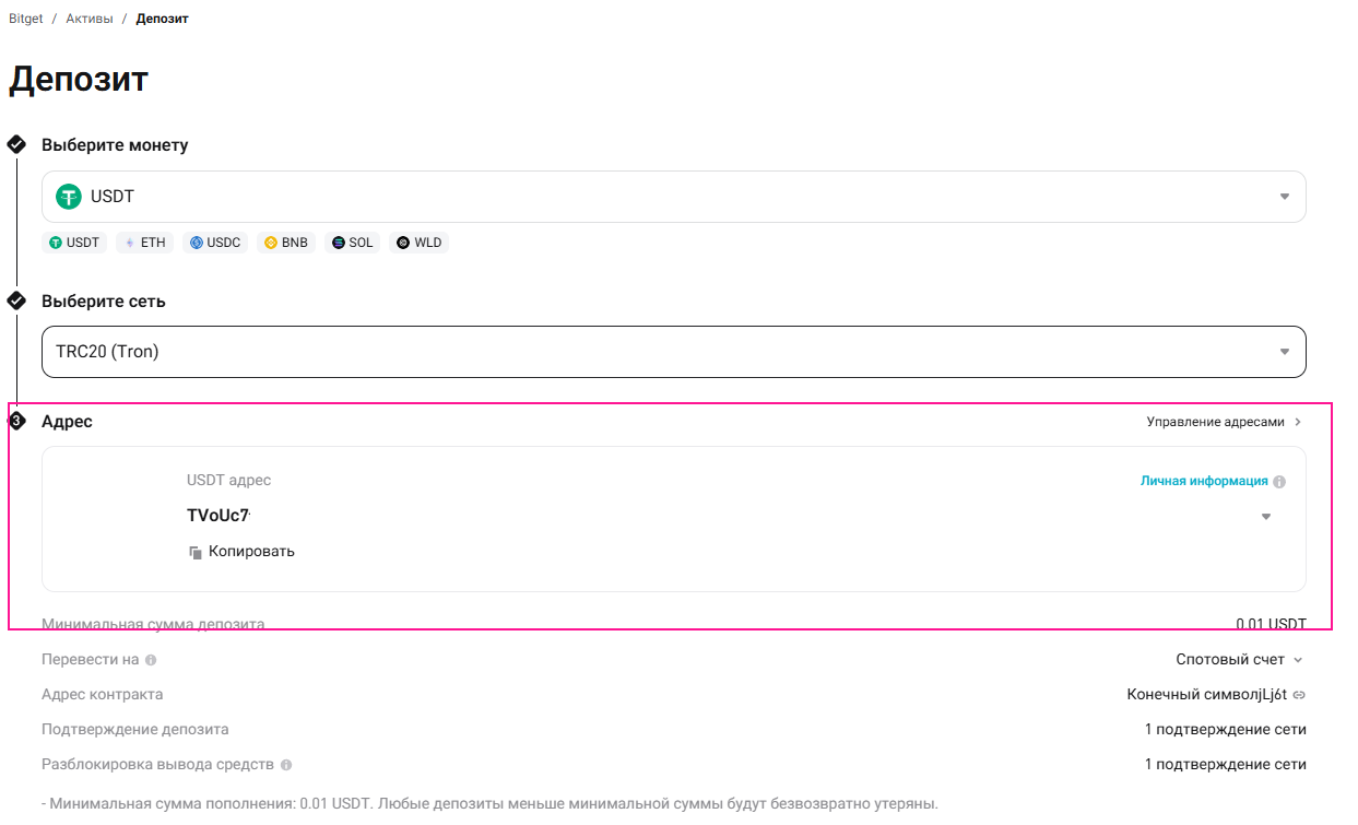 Депозит USDT на битгет